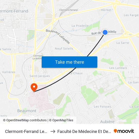 Clermont-Ferrand Les Sureaux to Faculté De Médecine Et De Pharmacie map