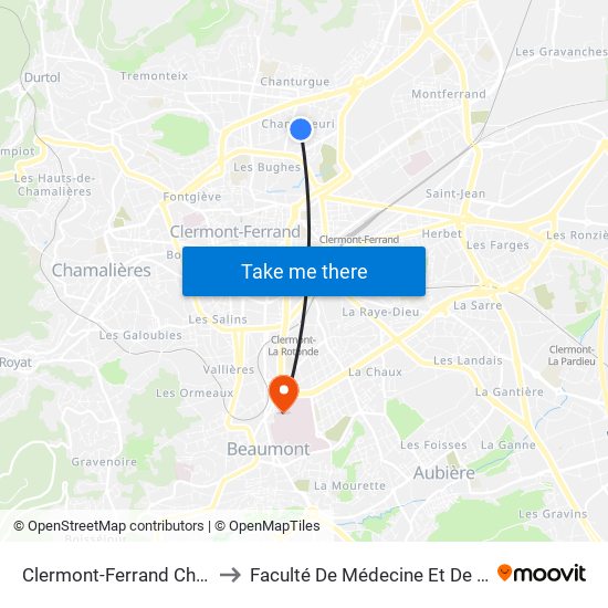 Clermont-Ferrand Champflour to Faculté De Médecine Et De Pharmacie map