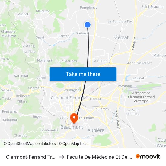 Clermont-Ferrand Trois Fées to Faculté De Médecine Et De Pharmacie map