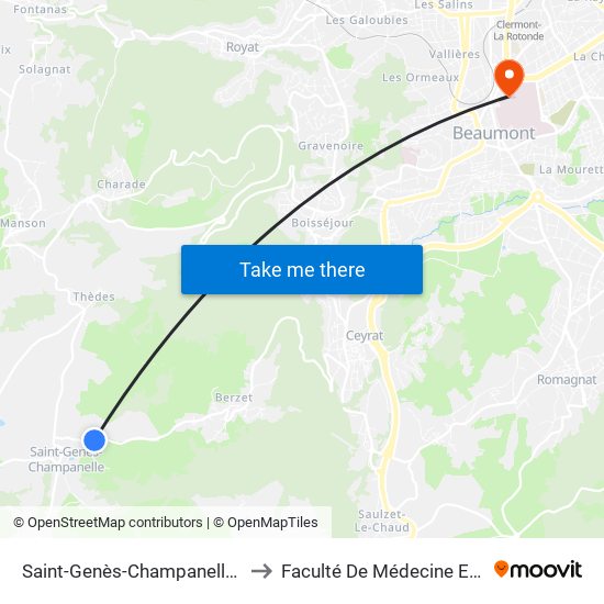 Saint-Genès-Champanelle La Côte Rouge to Faculté De Médecine Et De Pharmacie map
