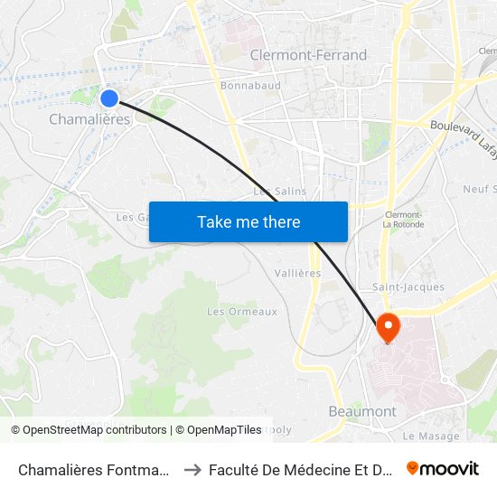 Chamalières Fontmaure Europe to Faculté De Médecine Et De Pharmacie map