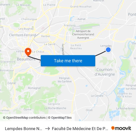 Lempdes Bonne Nouvelle to Faculté De Médecine Et De Pharmacie map