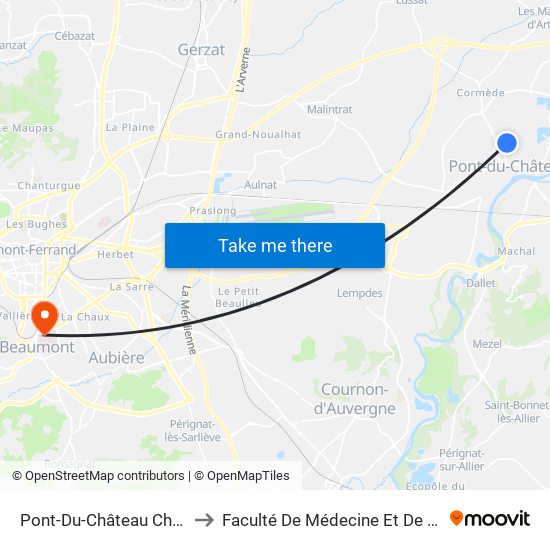 Pont-Du-Château Chantagret to Faculté De Médecine Et De Pharmacie map