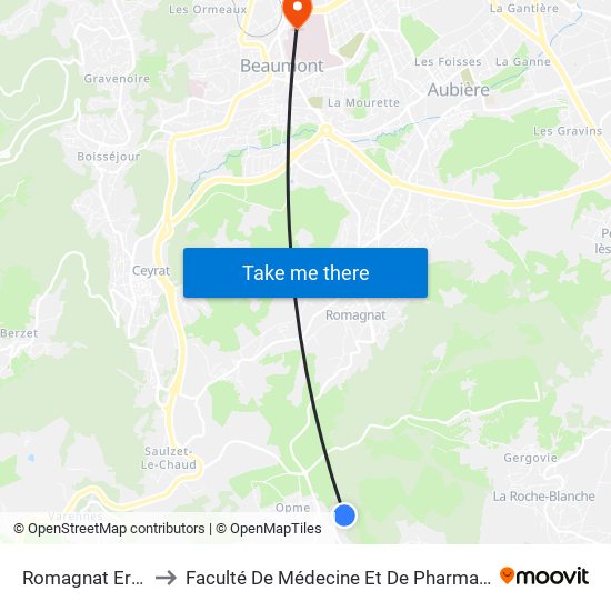 Romagnat Erea to Faculté De Médecine Et De Pharmacie map