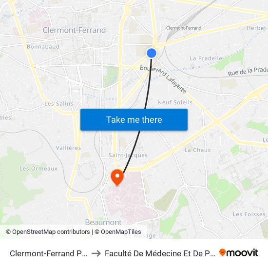 Clermont-Ferrand Paulines to Faculté De Médecine Et De Pharmacie map