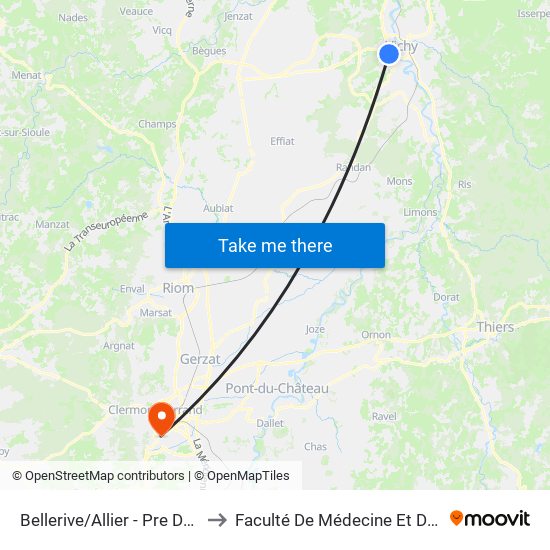 Bellerive/Allier - Pre Des Rauches to Faculté De Médecine Et De Pharmacie map