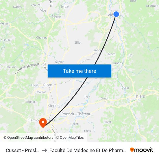 Cusset -  Presles to Faculté De Médecine Et De Pharmacie map