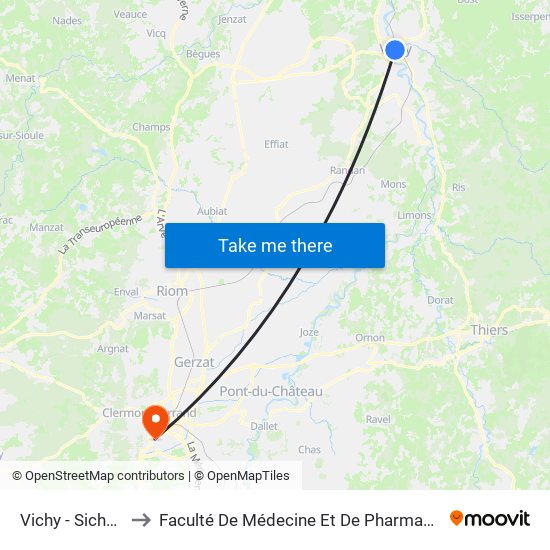 Vichy - Sichon to Faculté De Médecine Et De Pharmacie map