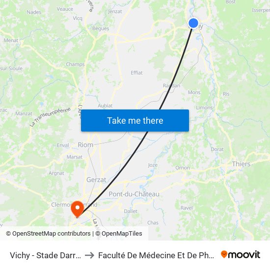 Vichy - Stade Darragon to Faculté De Médecine Et De Pharmacie map