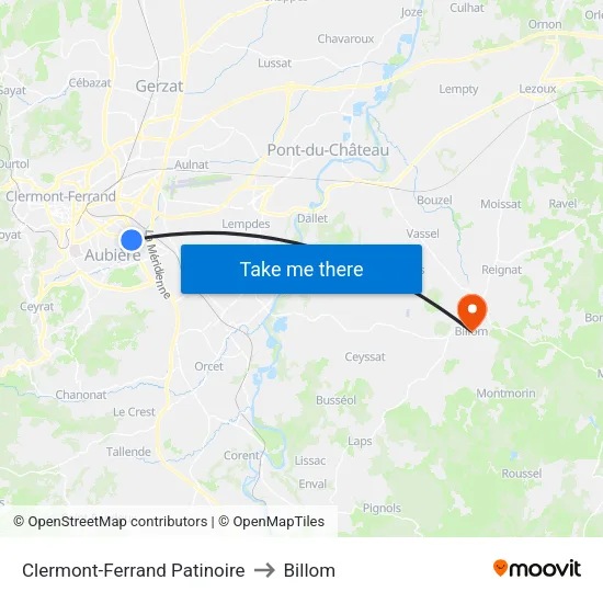 Clermont-Ferrand Patinoire to Billom map