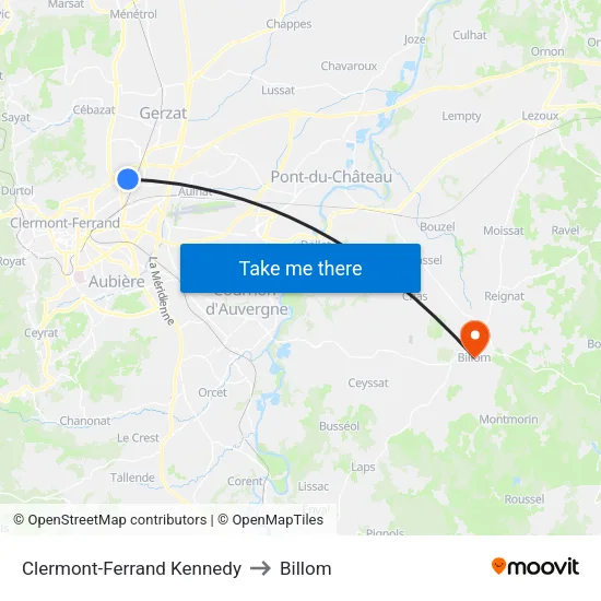 Clermont-Ferrand Kennedy to Billom map