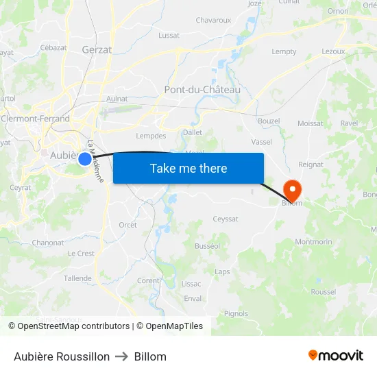 Aubière Roussillon to Billom map