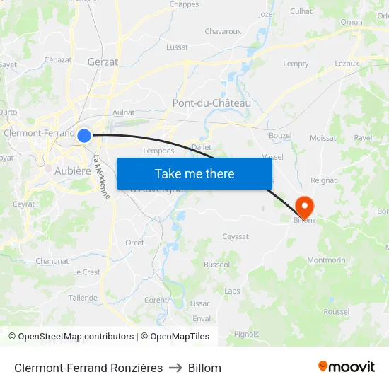 Clermont-Ferrand Ronzières to Billom map