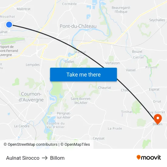 Aulnat Sirocco to Billom map