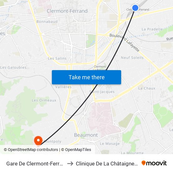 Gare De Clermont-Ferrand to Clinique De La Châtaigneraie map