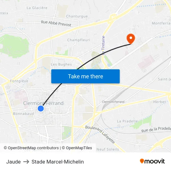 Jaude to Stade Marcel-Michelin map