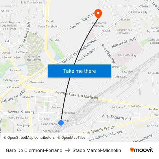 Gare De Clermont-Ferrand to Stade Marcel-Michelin map