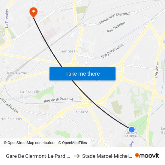 Gare De Clermont-La-Pardieu to Stade Marcel-Michelin map