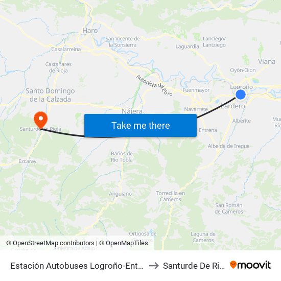 Estación Autobuses Logroño-Entrada to Santurde De Rioja map