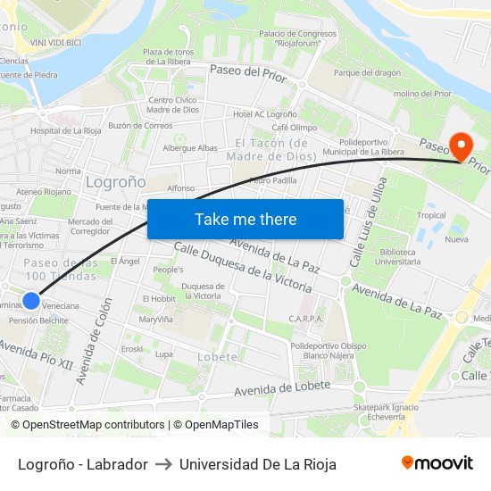 Logroño - Labrador to Universidad De La Rioja map