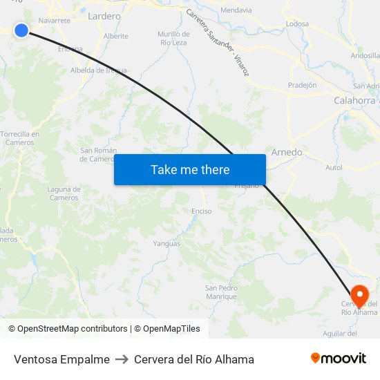 Ventosa Empalme to Cervera del Río Alhama map