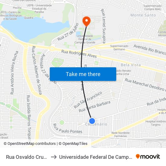 Rua Osvaldo Cruz, 1207 to Universidade Federal De Campina Grande map