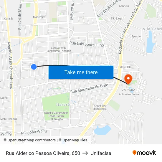 Rua Alderico Pessoa Oliveira, 650 to Unifacisa map