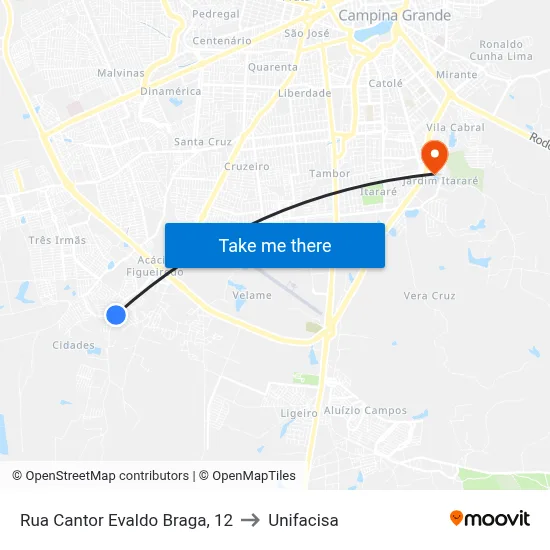 Rua Cantor Evaldo Braga, 12 to Unifacisa map