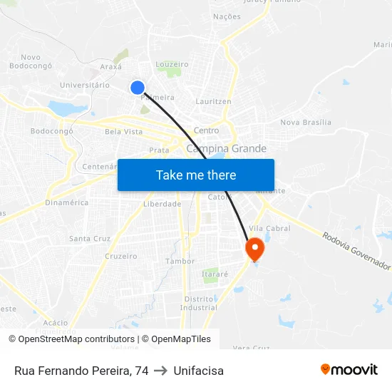 Rua Fernando Pereira, 74 to Unifacisa map