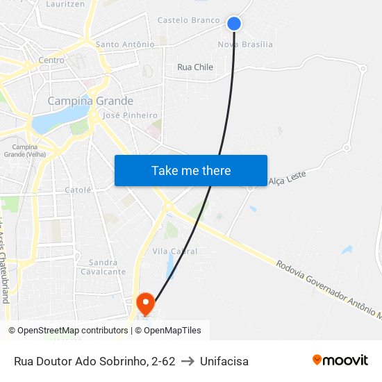 Rua Doutor Ado Sobrinho, 2-62 to Unifacisa map