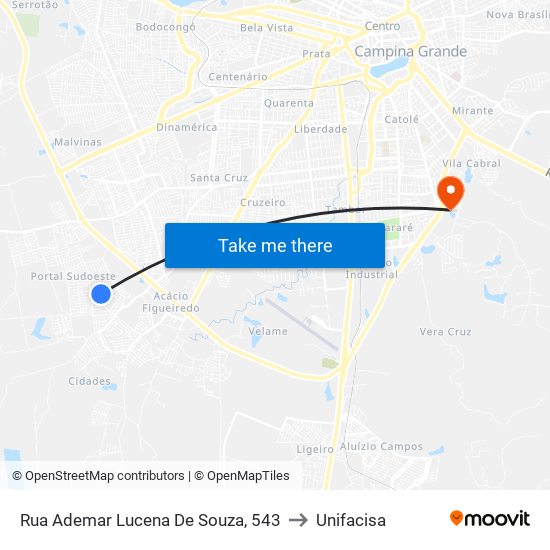 Rua Ademar Lucena De Souza, 543 to Unifacisa map