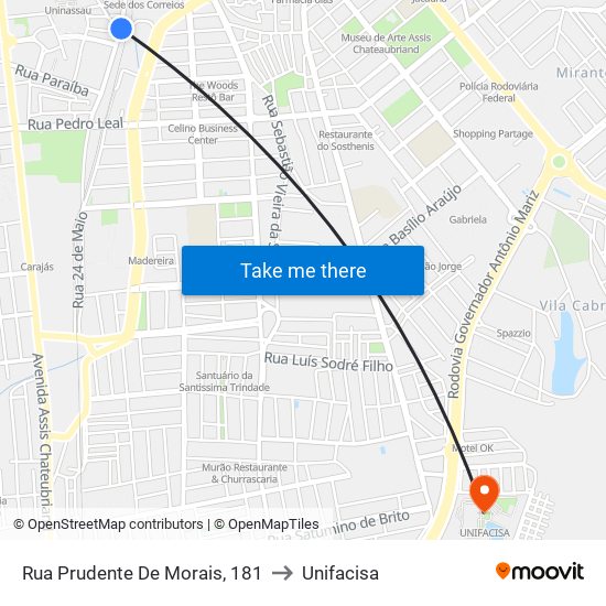 Rua Prudente De Morais, 181 to Unifacisa map