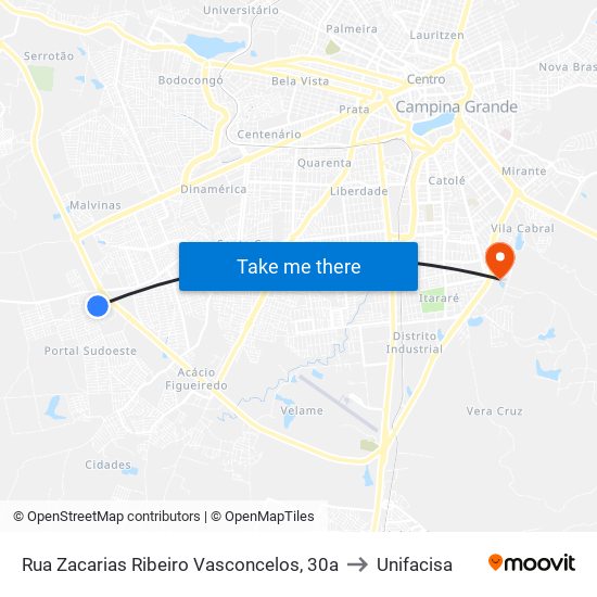 Rua Zacarias Ribeiro Vasconcelos, 30a to Unifacisa map