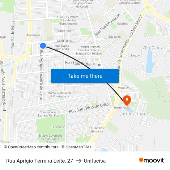 Rua Aprígio Ferreira Leite, 27 to Unifacisa map