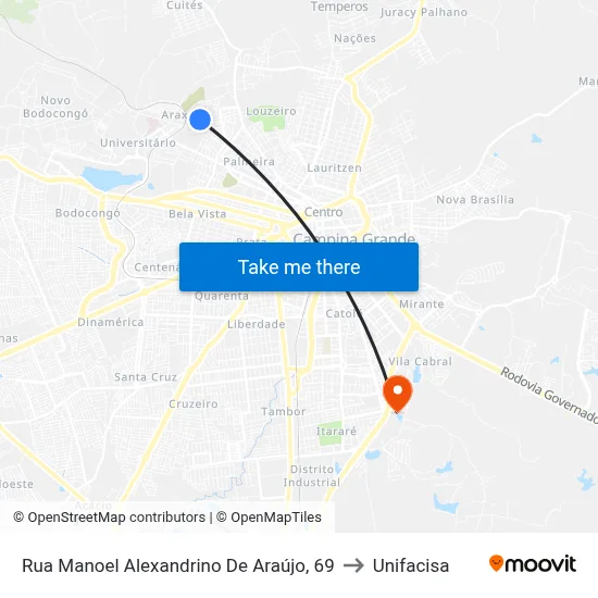 Rua Manoel Alexandrino De Araújo, 69 to Unifacisa map