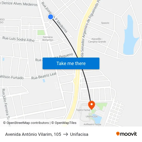 Avenida Antônio Vilarim, 105 to Unifacisa map