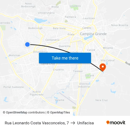 Rua Leonardo Costa Vasconcelos, 7 to Unifacisa map