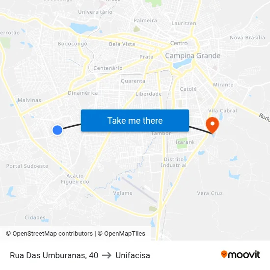 Rua Das Umburanas, 40 to Unifacisa map