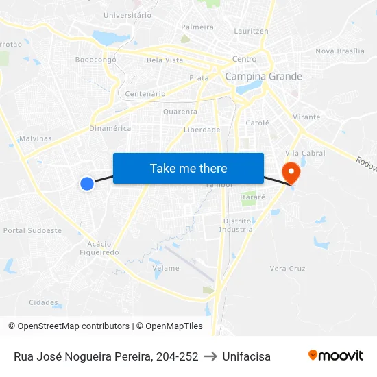 Rua José Nogueira Pereira, 204-252 to Unifacisa map