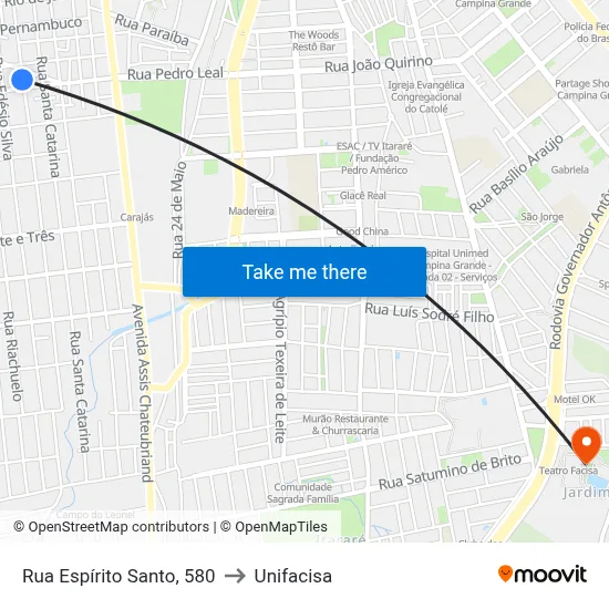 Rua Espírito Santo, 580 to Unifacisa map