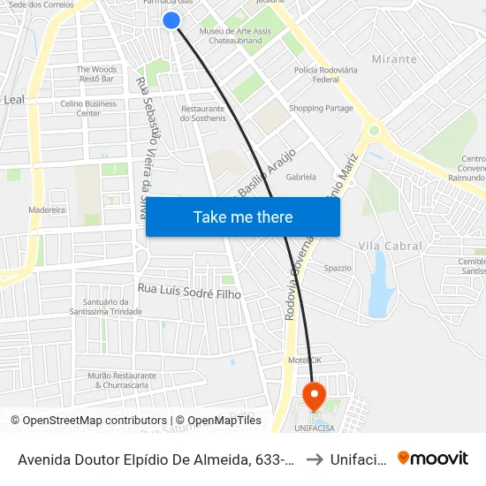 Avenida Doutor Elpídio De Almeida, 633-647 to Unifacisa map
