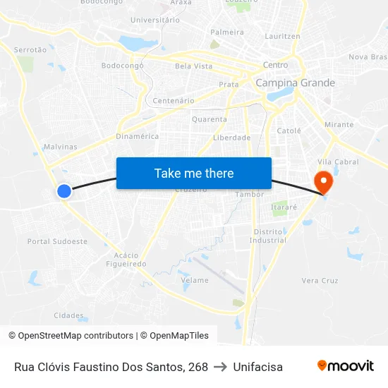 Rua Clóvis Faustino Dos Santos, 268 to Unifacisa map