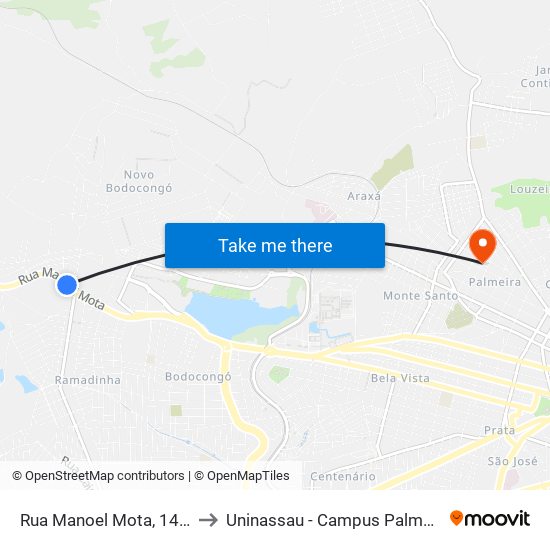 Rua Manoel Mota, 1472 to Uninassau - Campus Palmeira map