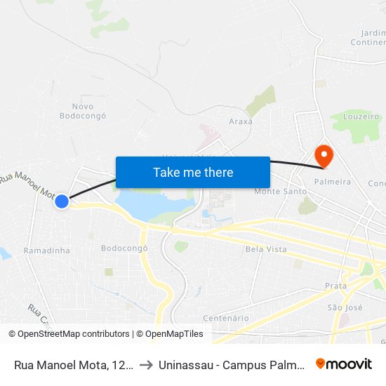 Rua Manoel Mota, 1240 to Uninassau - Campus Palmeira map