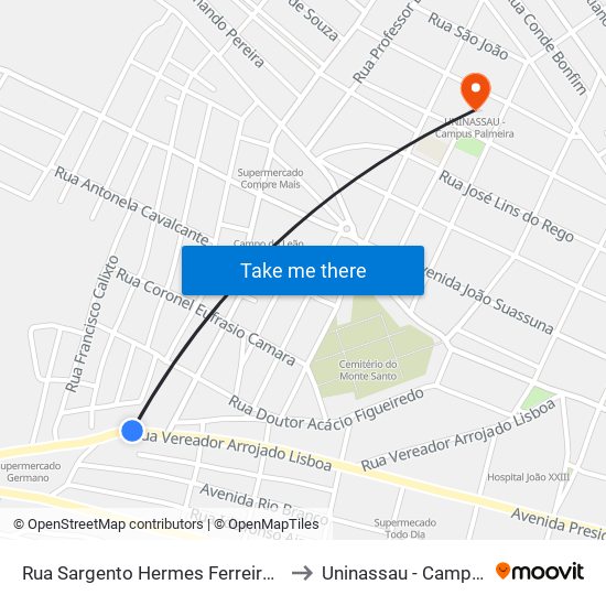 Rua Sargento Hermes Ferreira Ramos, 102-122 to Uninassau - Campus Palmeira map