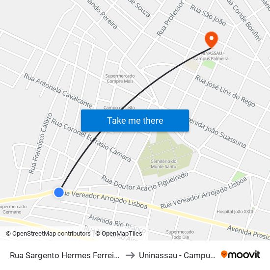 Rua Sargento Hermes Ferreira Ramos, 929 to Uninassau - Campus Palmeira map