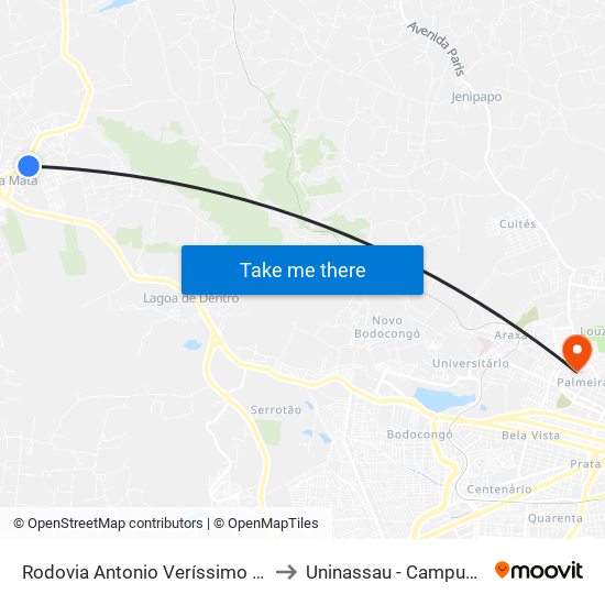 Rodovia Antonio Veríssimo De Souza, 12 to Uninassau - Campus Palmeira map