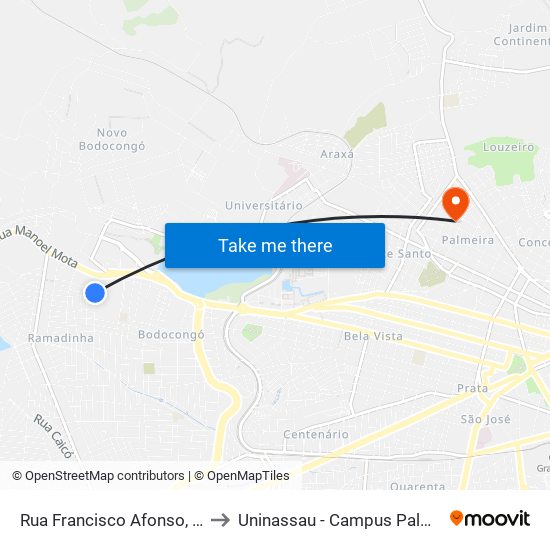 Rua Francisco Afonso, 124 to Uninassau - Campus Palmeira map