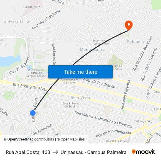 Rua Abel Costa, 463 to Uninassau - Campus Palmeira map