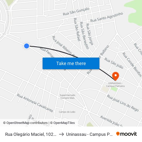 Rua Olegário Maciel, 1024-1030 to Uninassau - Campus Palmeira map